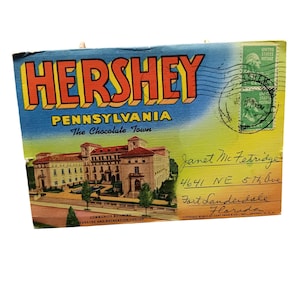 vintage Hershey PA pochette pour cartes postales, souvenir de la ville du chocolat des années 40 avec vue panoramique