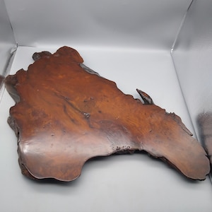 May include: A large, irregularly shaped wooden slab with a rich, reddish-brown hue. The surface displays natural wood grain patterns and knots, with a smooth, polished finish. The edges are rough and organic, showcasing the natural form of the wood.
