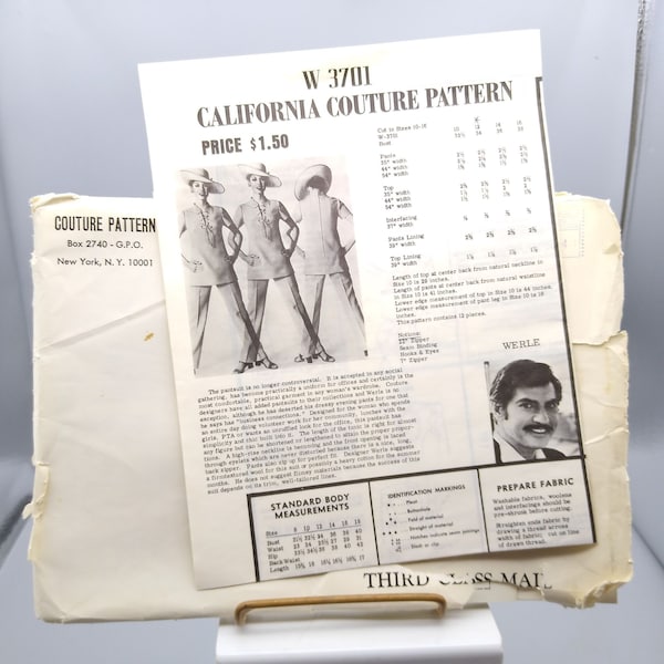 UNCUT Vintage Sewing PATTERN California Couture W 3701, Mail Order 1960s Designer Dan Werle Misses Pantsuit, Size 12