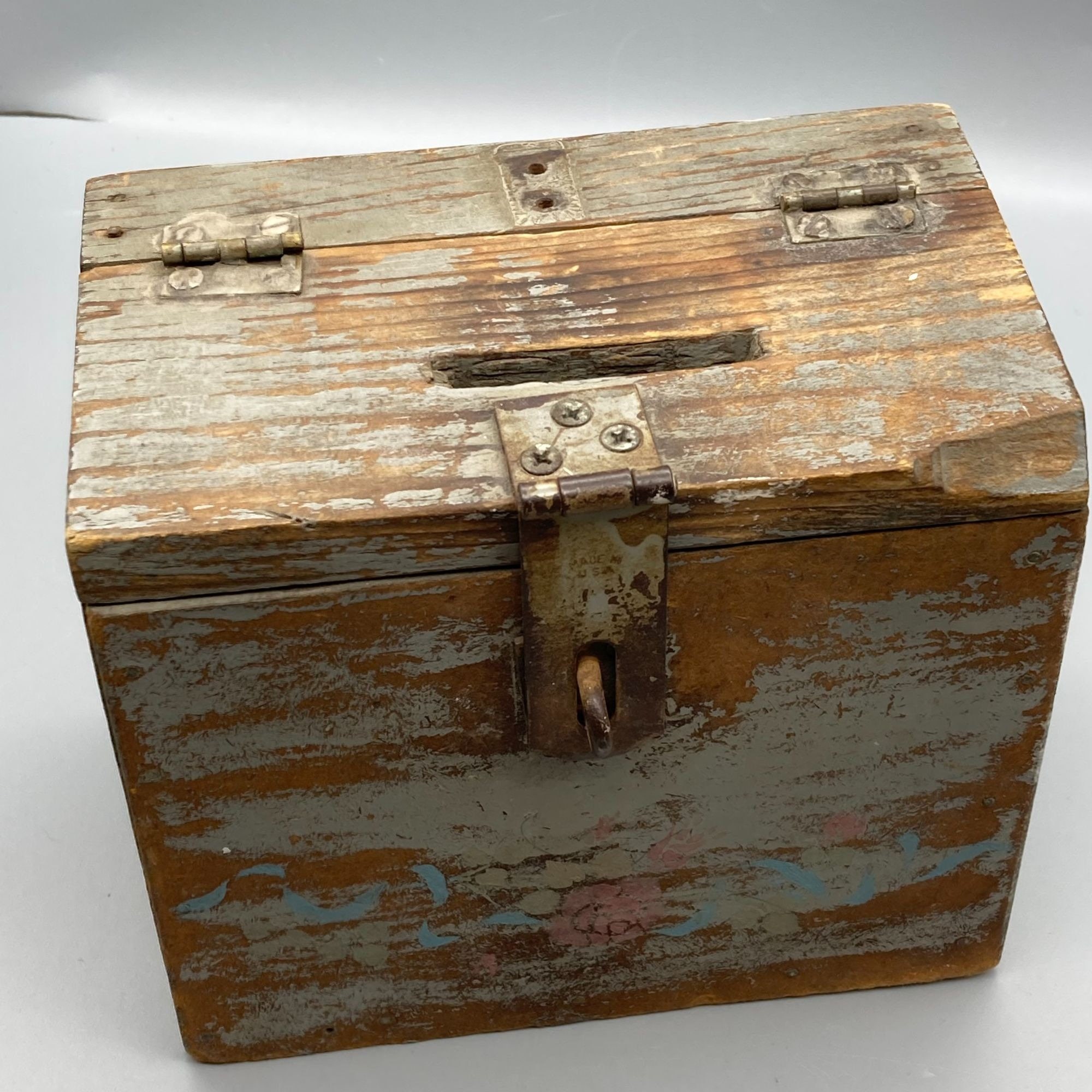1800s Victorian Antique Two Drawer Wooden Box With Skeleton Key