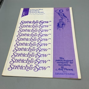May include: A purple and white sewing pattern for a turtleneck sweater. The pattern is titled "Stretch & Sew" and is designed exclusively for knit fabrics by Ann Person. The pattern number is R021074.