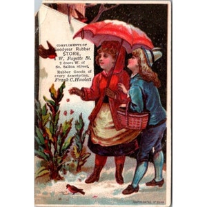 Goodjahre Rubber Store Trade Card Antike Werbung viktorianischen Syracuse New York Frank C Howlett Mädchen mit Regenschirm, die Vögel füttern