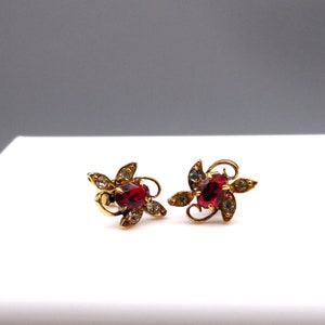 Vintage Dainty Crystal Flower Earrings, Tiny Studs with Red and White Floral Sparkle