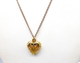 Vintage Pierced Heart Pendant Necklace, Gold Tone on Chain