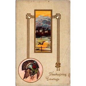 Carte postale de voeux de Thanksgiving vintage de 1922 avec la Turquie et une vue panoramique sur la montagne