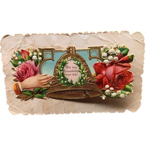 Vintage viktorianische geprägte Freundschafts-Gruß-Gruß-Gruß-Karte mit Blumen- & Glockenentwurf