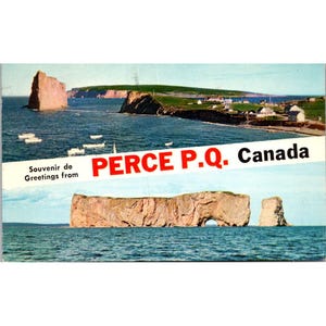 Cartolina d'epoca, souvenir, Percé P.Q., Canada, saluti, vista panoramica