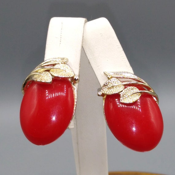 Vintage Red Lucite Earrings with Gold Tone Leaves… - image 1