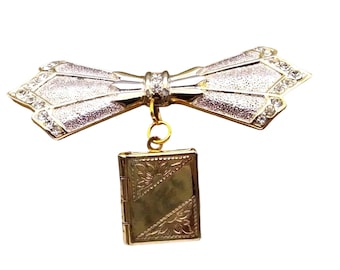 Vintage Schandra Elegant Bow Lapel Locket Pin, Designer Pendant Book Brooch with Swarovski Crystal Elements, Gold and Silver Tone