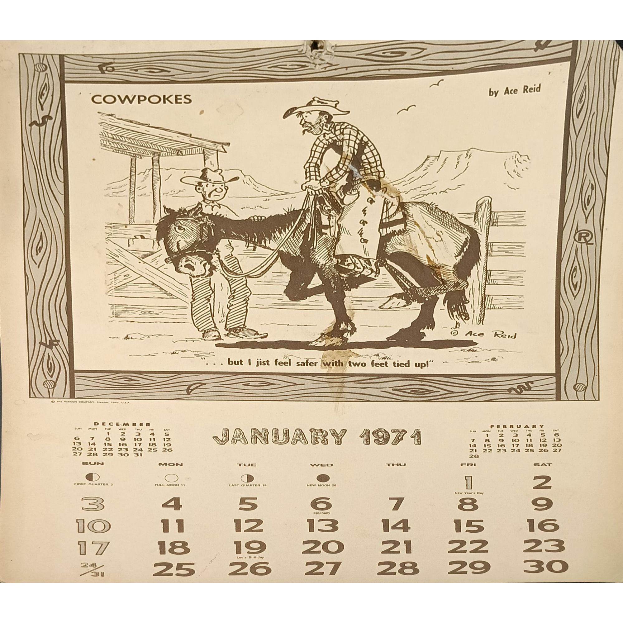 Vintage 1971 Calendar With Ace Reid Cowpoke Western Illustrations