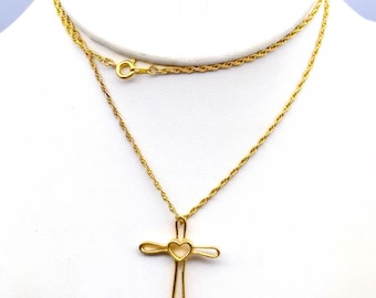 Vintage Open Heart Cross Pendant Necklace, Gold Tone with Sleek Design on Gold Tone Chain