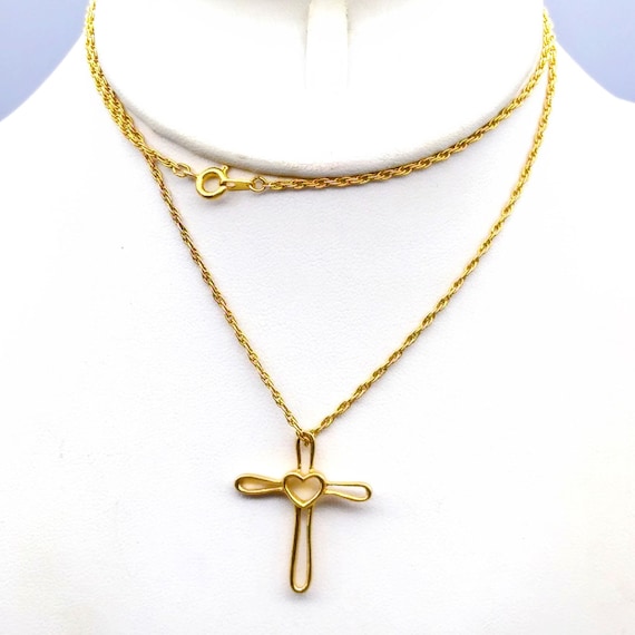 Vintage Open Heart Cross Pendant Necklace, Gold T… - image 1