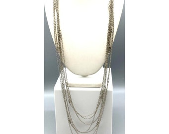 Long Multi Strand Station Necklace, Small Beads on Four Silver Tone Chain Strands, Minimalist Beauty