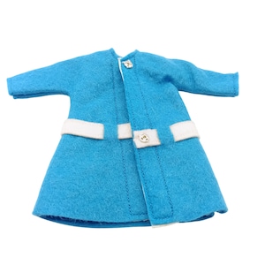 Vintage Blue Felt Doll Coat with White Belt & Button Accents, Handmade Fashion Doll Clothes