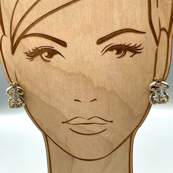 Elegant Vintage Flourish Earrings, Polished Gold Tone Screw Back Scrollwork with Clear Crystals