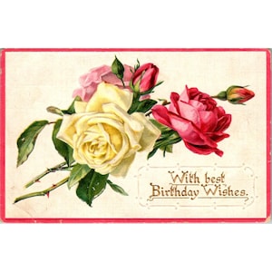 Cartão postal vintage com rosas e desejos de aniversário impressos na Alemanha