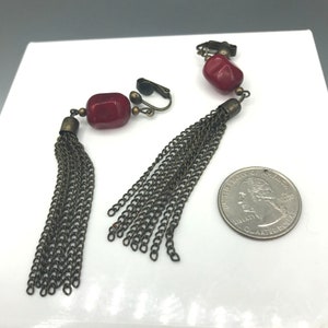 Vintage Red and Bronze Tassel Earrings, Clip On Fringe, Shoulder Duster image 3