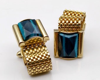 Vintage Swank Tivoli Blue Crystal Cufflinks, Gold Tone Mesh Wrap Mens Dapper Fashion Accessories