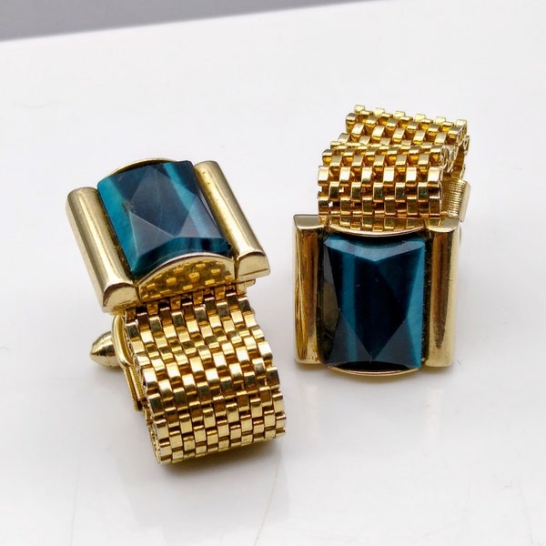 Vintage Swank Tivoli Blue Crystal Cufflinks, Gold Tone Mesh Wrap Mens Dapper Fashion Accessories