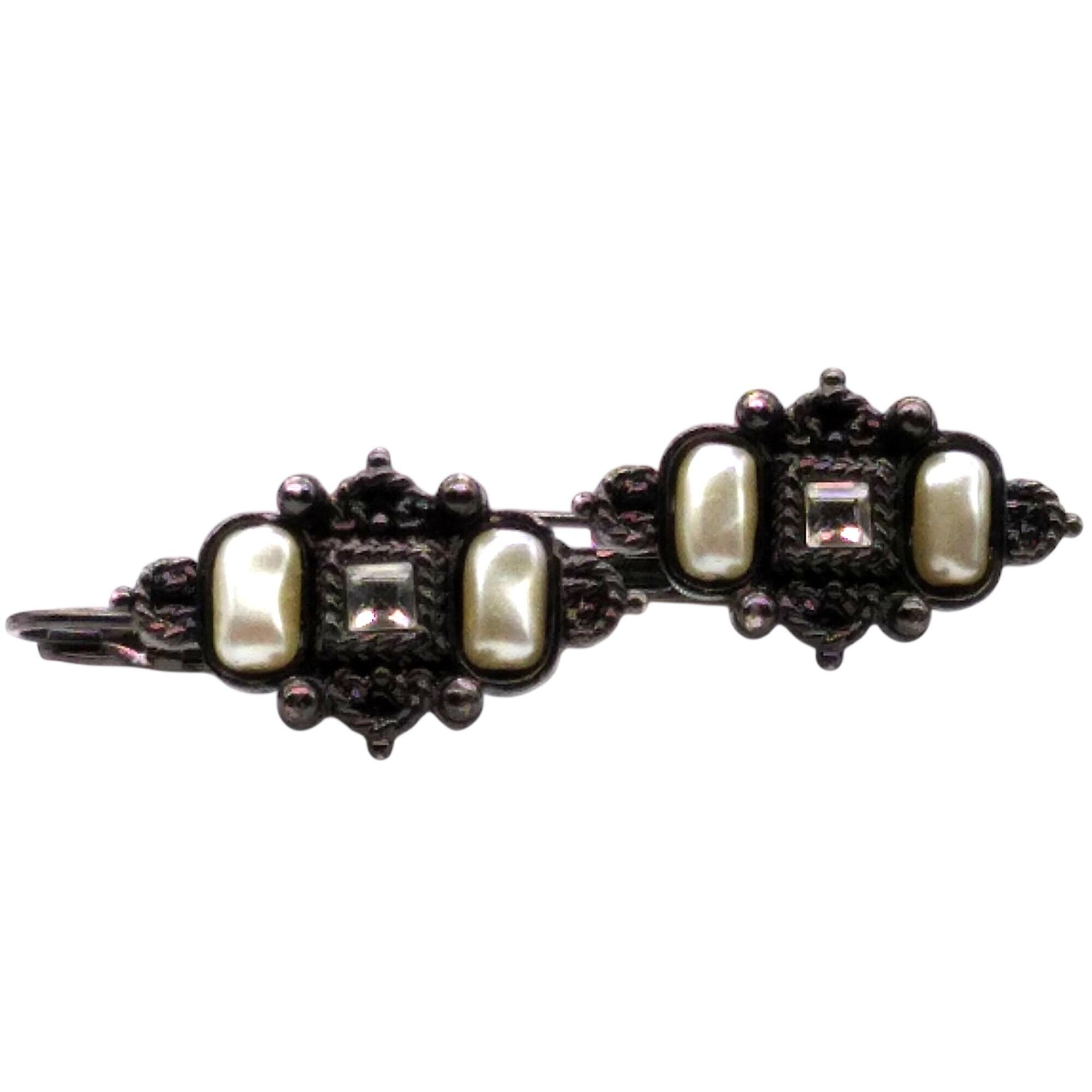Vintage Berebi Pearl and Crystal Drop Earrings in Gunmetal Gray, Signed ...
