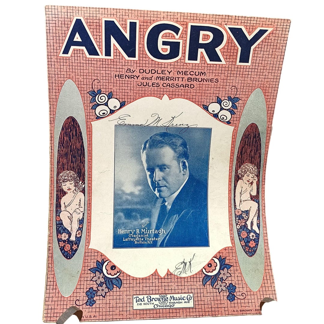 Vintage Ukelele Sheet Music, Angry by Mecum Brunies Cassard, Ted Browne ...