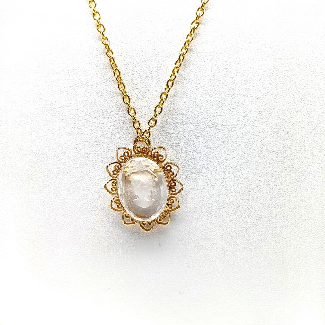 Camée Ancien En Broche Ou Pendentif - Monture Argent 925 Filigrané Doré - Profil Féminin Antique - Occasion