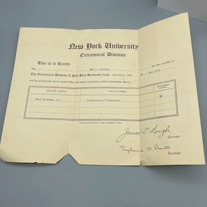 Antikes Kursabschlusszertifikat der 1920er Jahre, Vintage Ephemera New York University Extramural Division Credit Toward Degrees, Frau Prinzip