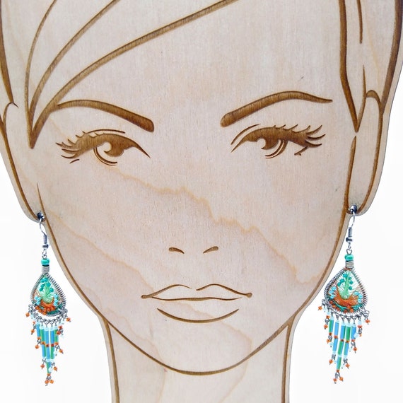 Vintage Silk Bohemian Dangle Earrings, Hand Threa… - image 1