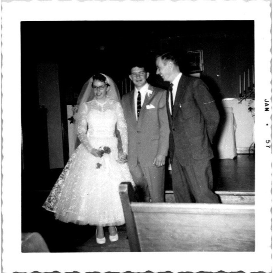 Vintage Wedding Party Snapshot Black and White Photo of Mid Century