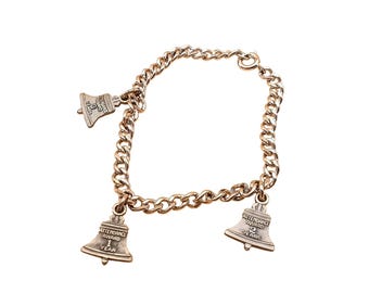 Pulsera vintage de plata de ley con dijes y tres campanas de la libertad, premio de asistencia, 925, diseño patriótico.
