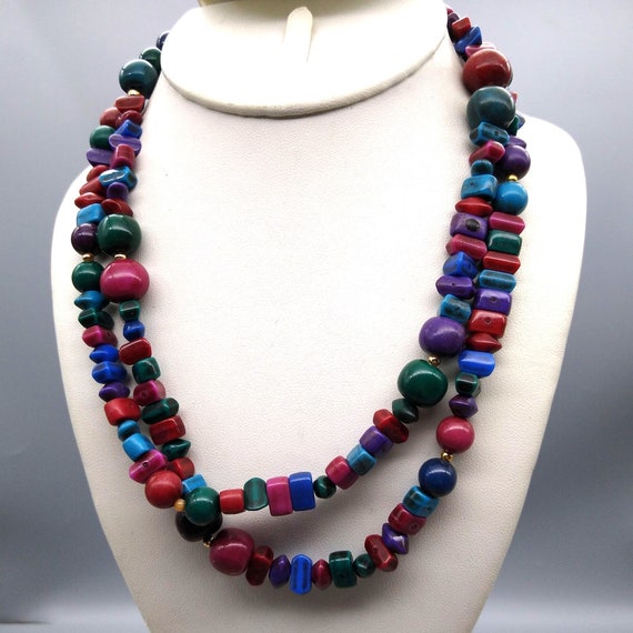 Vintage Colorful Beaded Necklace, Long Strand wit… - image 1