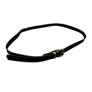 Vintage Black Patent Leather Skinny Belt with Gold-Tone Buckle
