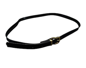 Vintage Black Patent Leather Skinny Belt with Gold-Tone Buckle