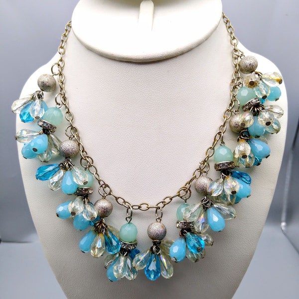 Vintage Mermaid Blue Bib Necklace, Silver Tone Chain with Faceted Crystal Cluster Dangles, Dramatic Flair Statement Jewelry