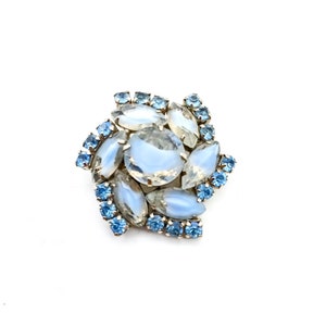 Vintage Crystal and Givre Glass Brooch Sparkling Blue Pinwheel Lapel Pin