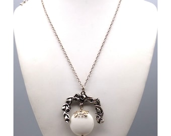 Vintage Lily Laurel Pendant with Dangling White Disc Bead, Silver Tone on Delicate Chain Necklace