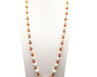Vintage Orange & Pearl Bead Necklace with Gold Tone Accents