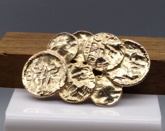 Vintage Ancient Fused Coins Brooch, Gold Tone Egyptian Pin, Egypt Revival