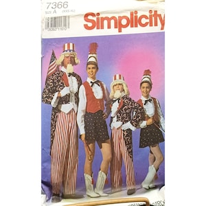 May include: Simplicity sewing pattern for Uncle Sam costumes. The pattern includes instructions for creating outfits with red and white striped pants, patterned jackets, vests, and hats. The image shows the costumes modeled by several people.