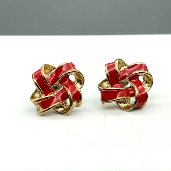 Red and Gold Knot Earrings, Vintage Gold Tone and… - image 5