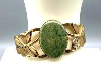Vintage Jade Hinged Cuff Bracelet with Gold Tone Leaves, 1970s Clamper Statement Bangle