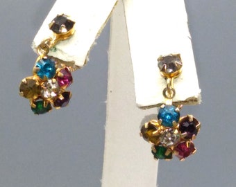 Vintage Austrian Crystal Flowers Earrings,  Sparkle Bouquet, Prong Set Jewel Tones Rhinestones, woman Gift summer jewelry, spring jewelry