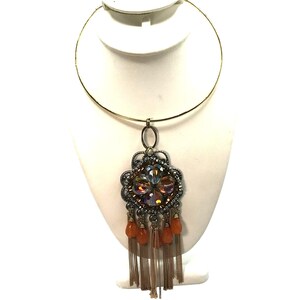 Art Glass Boho Medallion Pendant Necklace, Vintage Gold Tone Formed Collar Choker with AB Crystal Faceted Teardrops & Hematite Halo Gunmetal