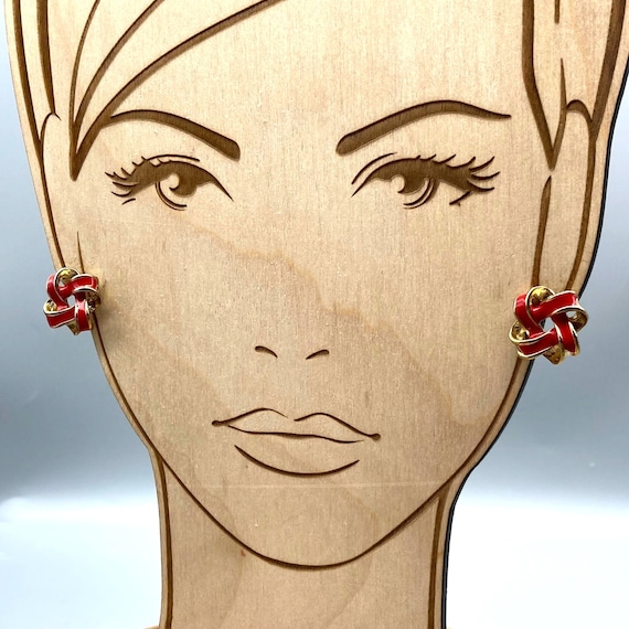 Red and Gold Knot Earrings, Vintage Gold Tone and… - image 1