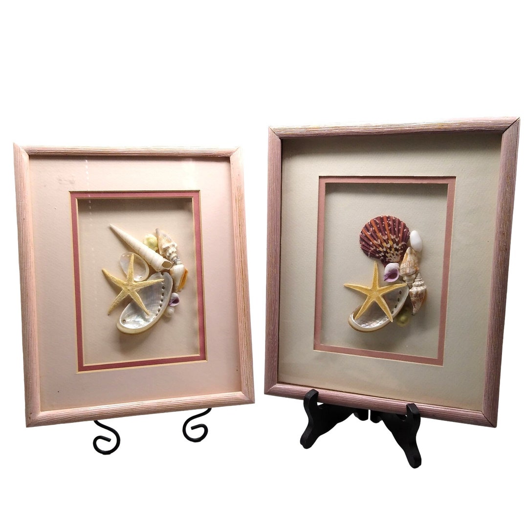 Genuine Pair Seashell Shadow Box Framed Art, Vintage Mauve Sea Shore
