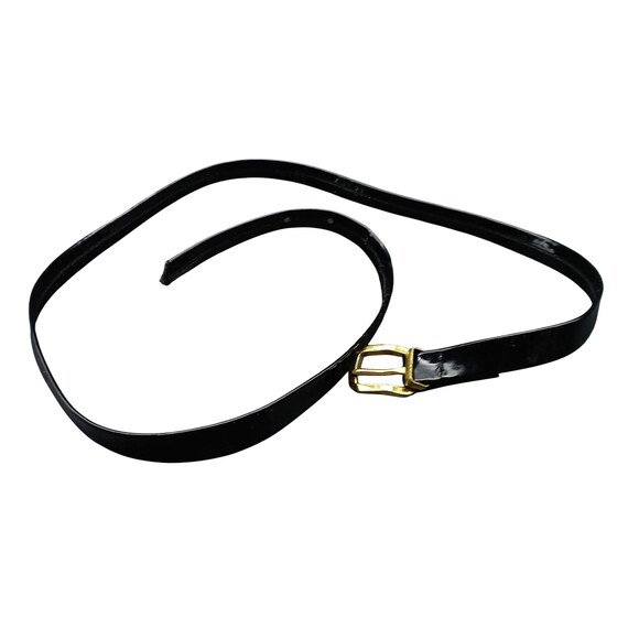 Vintage Black Patent Leather Skinny Belt With Gold-tone 