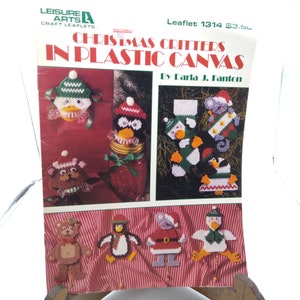 Wzory na płótna z tworzywa sztucznego Vintage, świąteczne stworzenia, ulotka Leisure Arts 1314, broszura do robótek ręcznych 1991