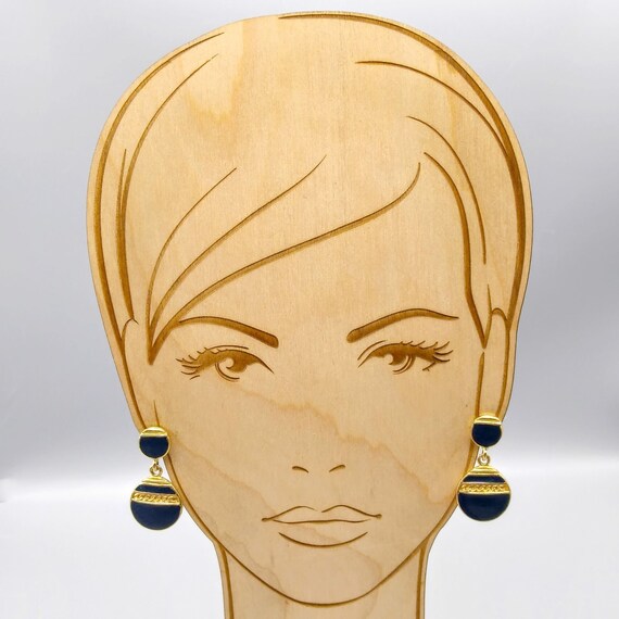 Vintage Blue Enamel Drop Earrings, Chic Gold Tone… - image 3