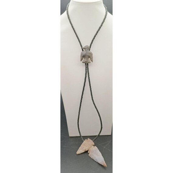 Handcrafted Native American Style Arrowhead Bolo Tie with Flint Eagle Stone Slide on Black Leather Braided Cord