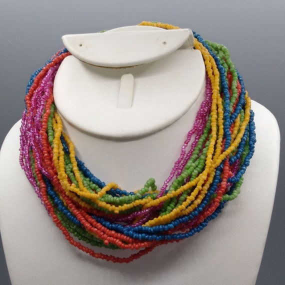Vintage Rainbow Seed Bead Multi Strand Necklace, Long… Gem